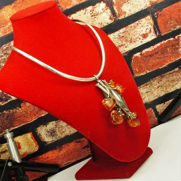 MASSIVE AMBER STERLING PENDANT & BROOCH WITH OMEGA WIRE NECKLACE, RARE JEWELRY - Picture 5 of 16